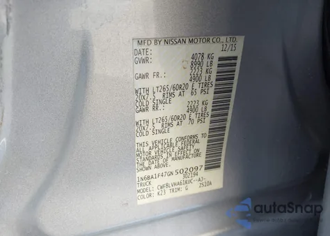 2016 Nissan Titan Xd Sl Diesel z USA, uszkodzony, nr VIN 1N6BA1F47GN502097